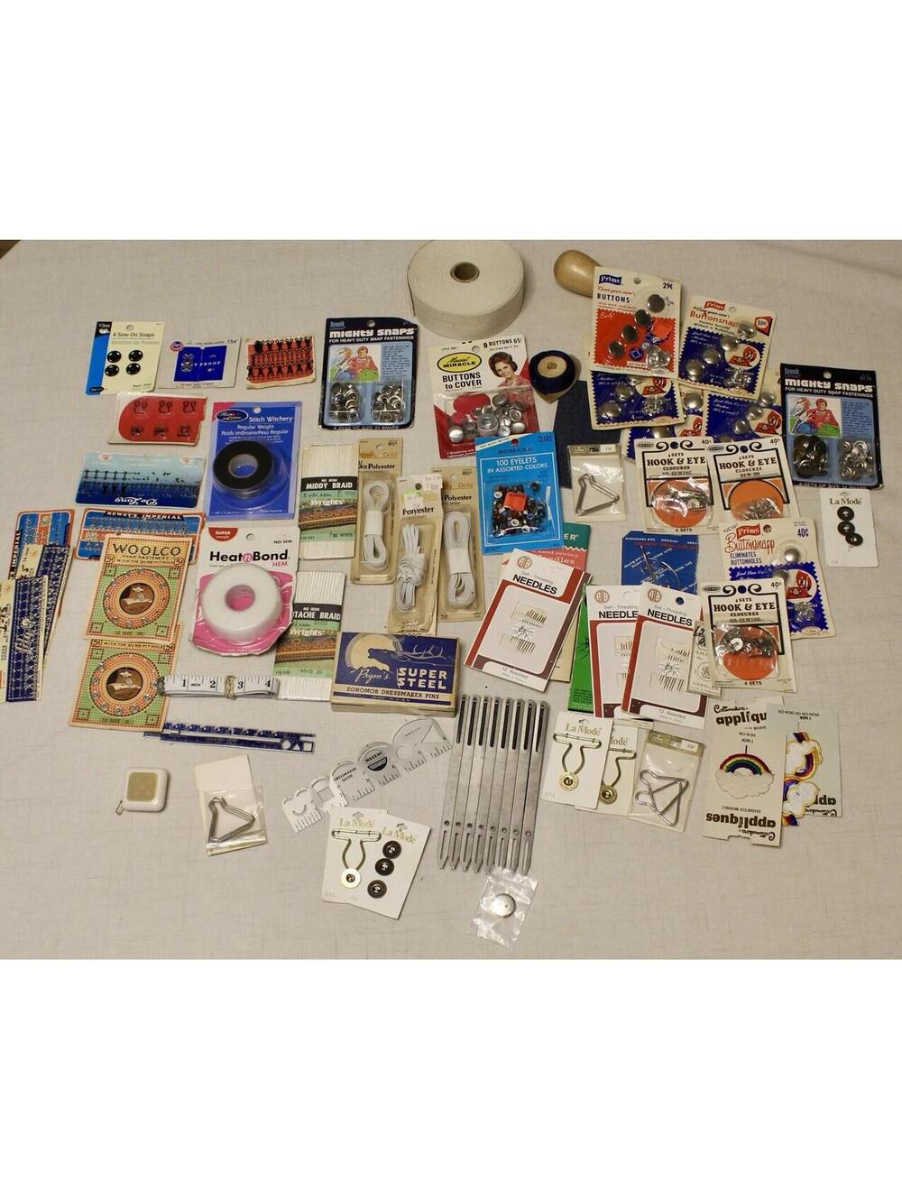 Lot of 50 Vtg Sewing Notions, Tools, Rulers, Snaps, Buttons & Avon Tape Measure